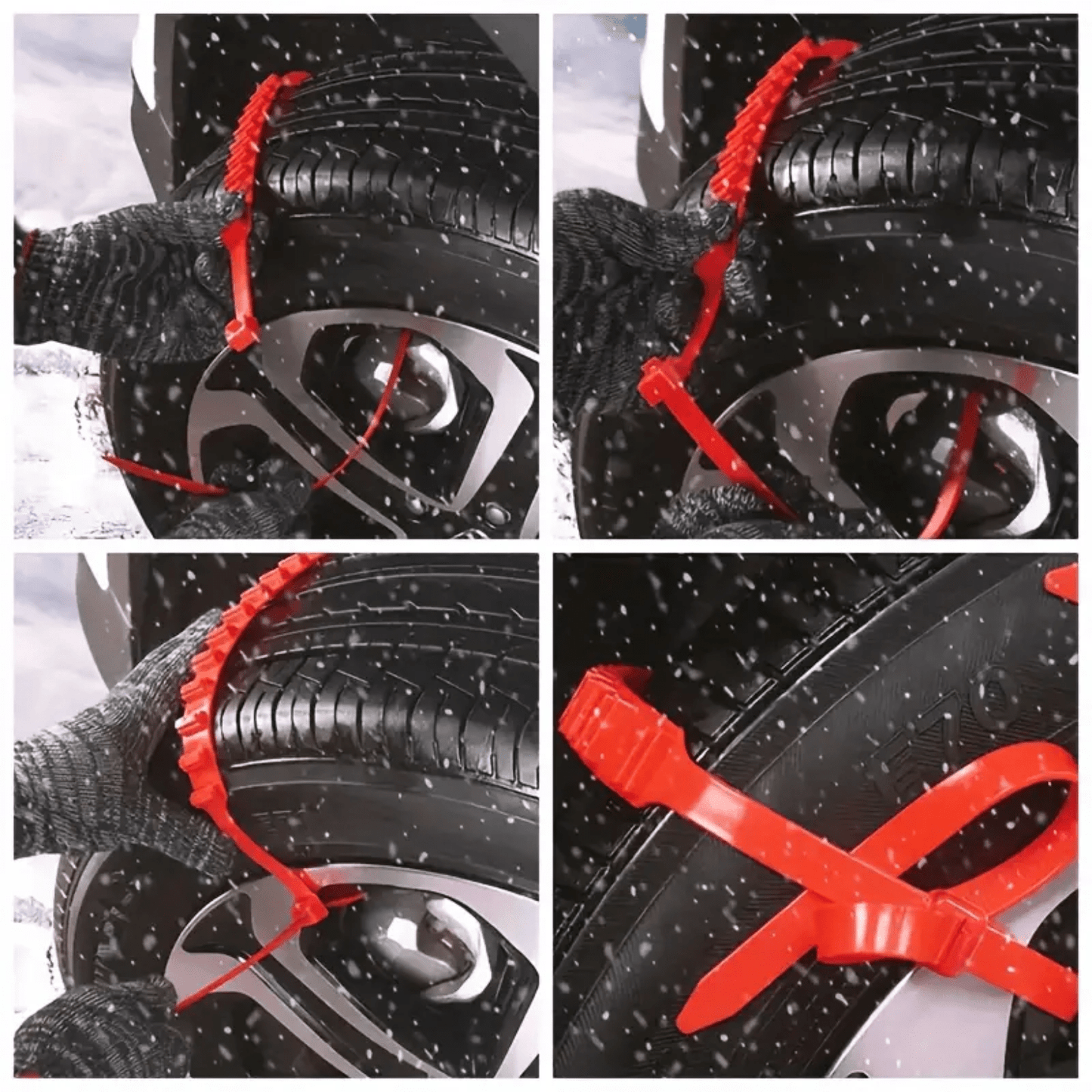Close-up van montageproces van SnowGrip sneeuwkettingen op autoband, eenvoudig vast te zetten met rode straps.