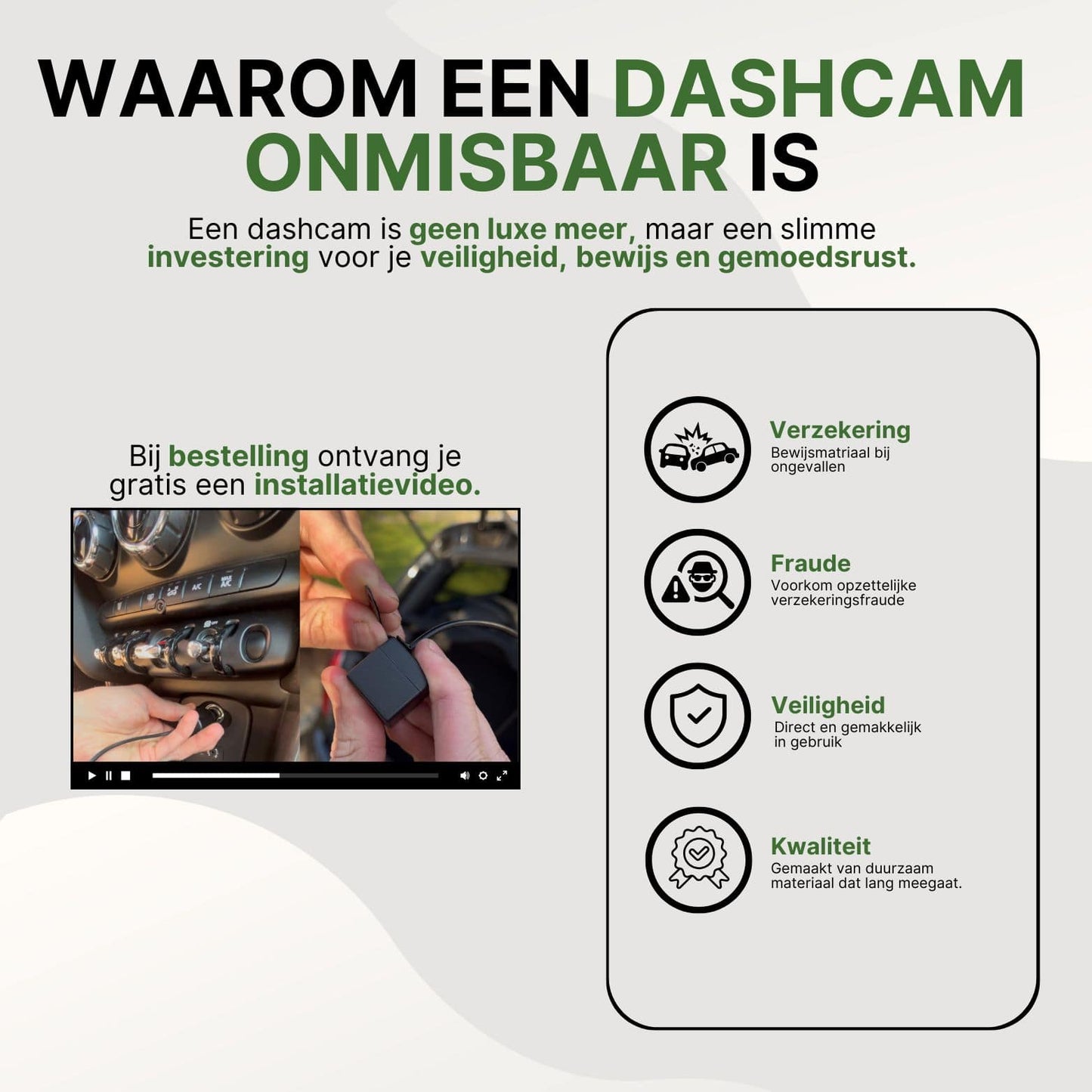 pourquoi la dashcam GuardianView Pro est indispensable : preuve en cas d'accidents, prévention de la fraude, sécurité, durabilité et vidéo d'installation gratuite lors de la commande.