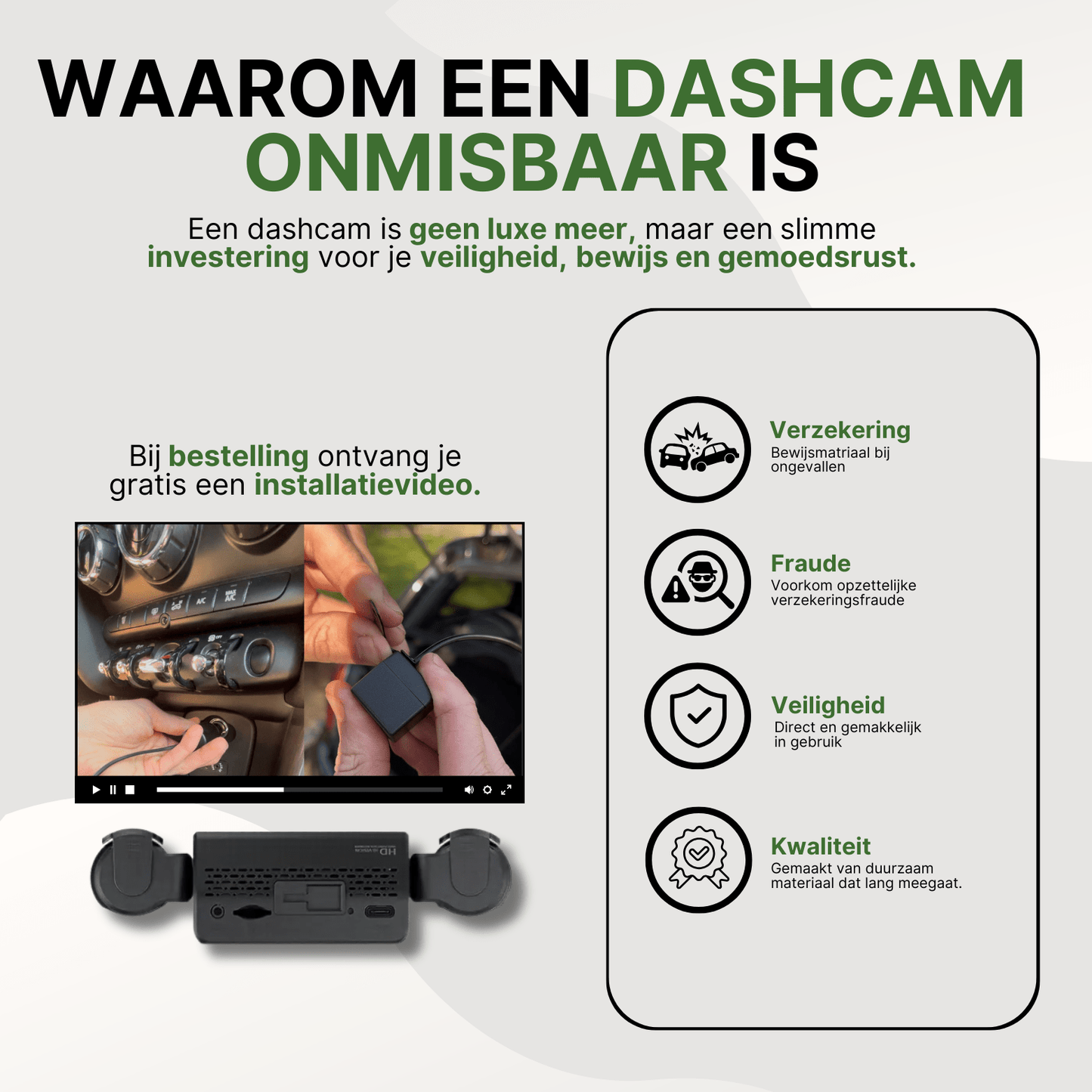 VisionEdge dashcam avec vidéo explicative, montre l'installation dans la voiture et les avantages tels que la sécurité et la prévention de la fraude.