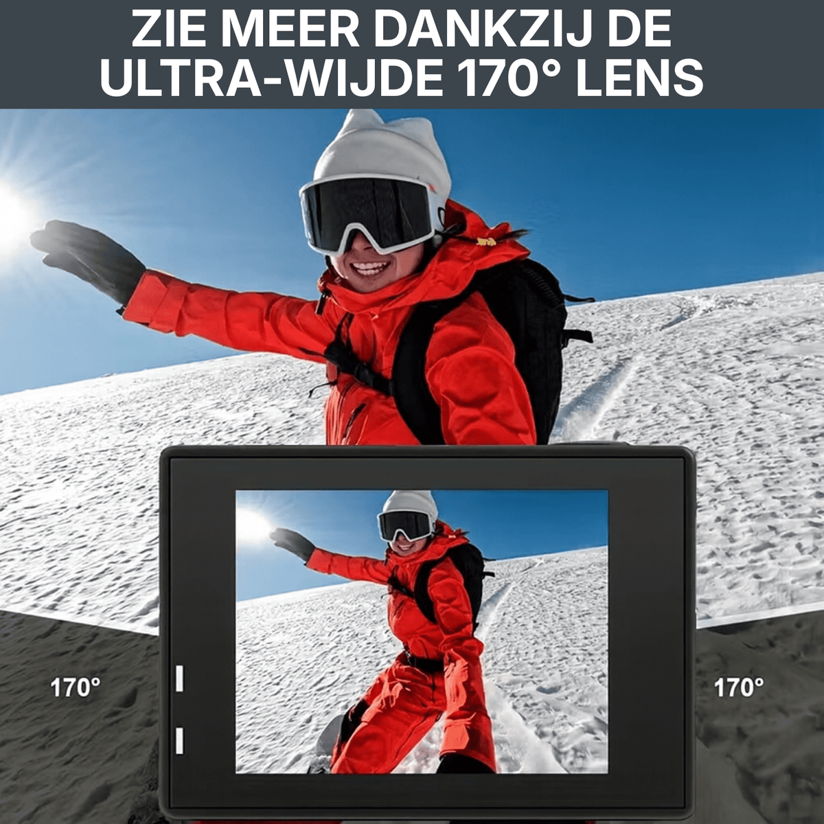 Caméra d'action 4K avec objectif grand angle 170° lors d'une prise de vue en sports d'hiver