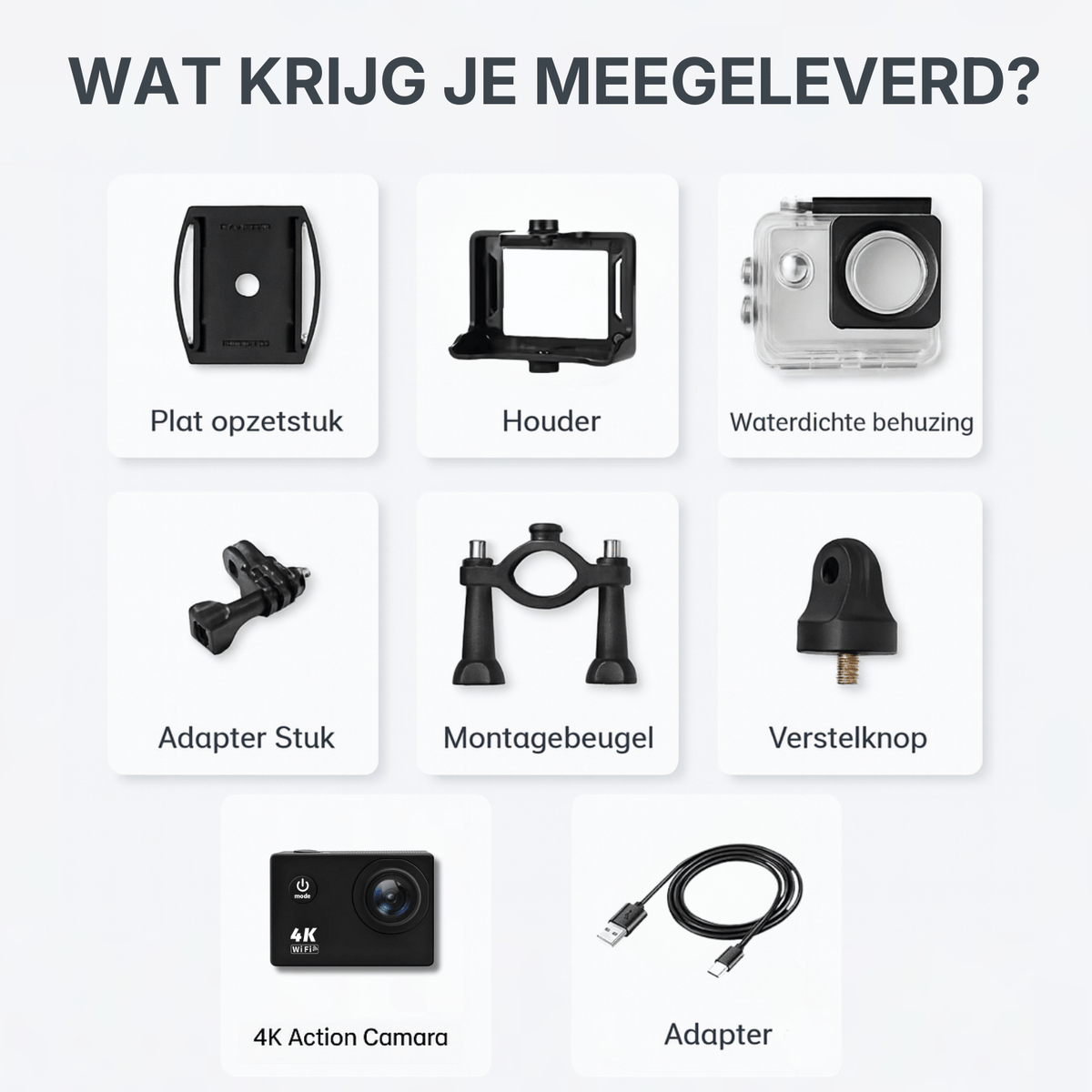 Accessoires fournis avec la caméra d'action 4K tels que boîtier étanche et pièces de montage.