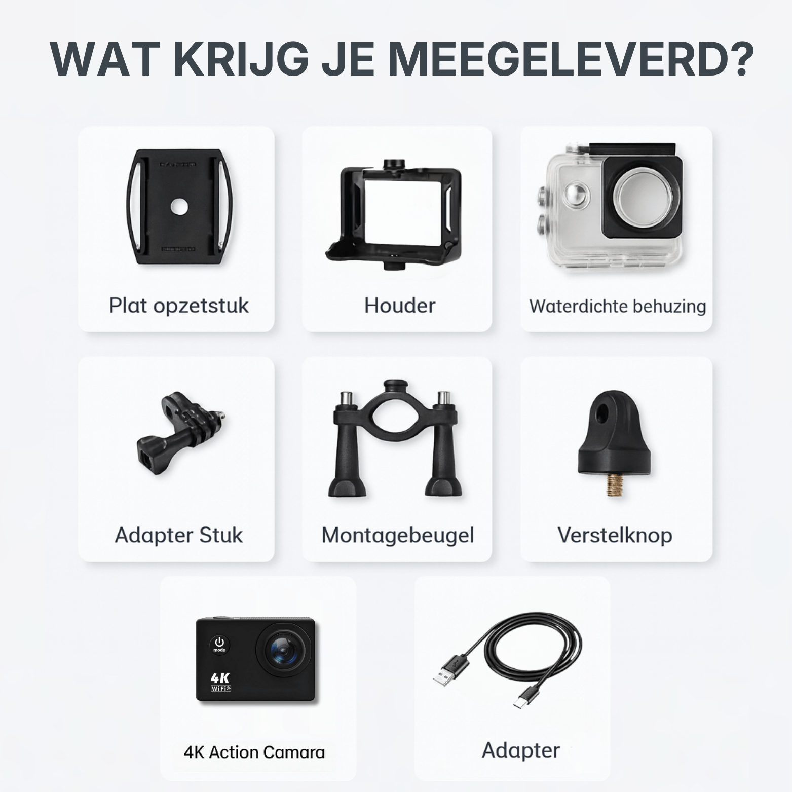 Meegeleverde accessoires bij 4K action camera zoals waterdichte behuizing en montageonderdelen.