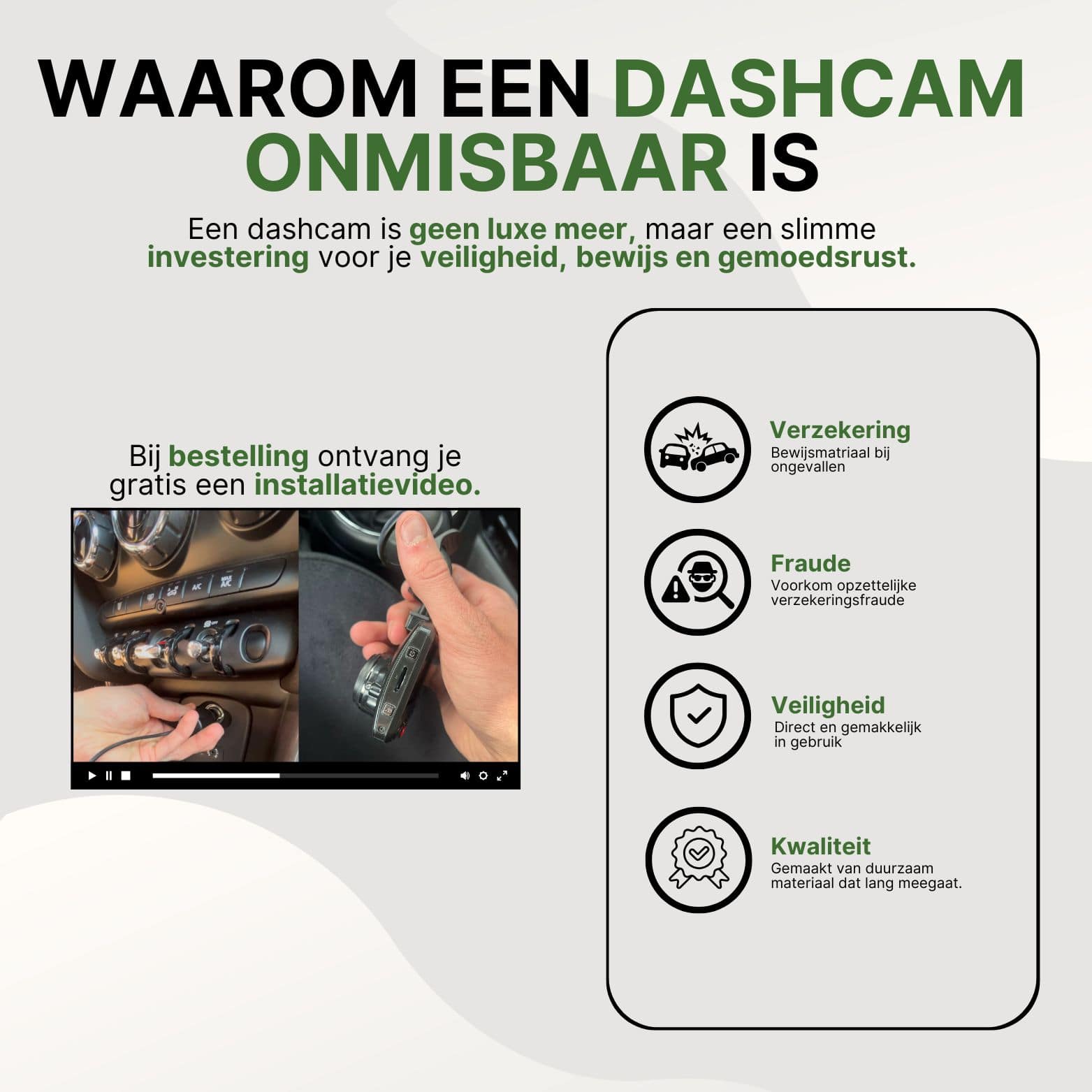Uitleg over het belang van een dashcam met gratis installatievideo bij bestelling, inclusief voordelen zoals veiligheid, bewijs, kwaliteit en bescherming tegen fraude.