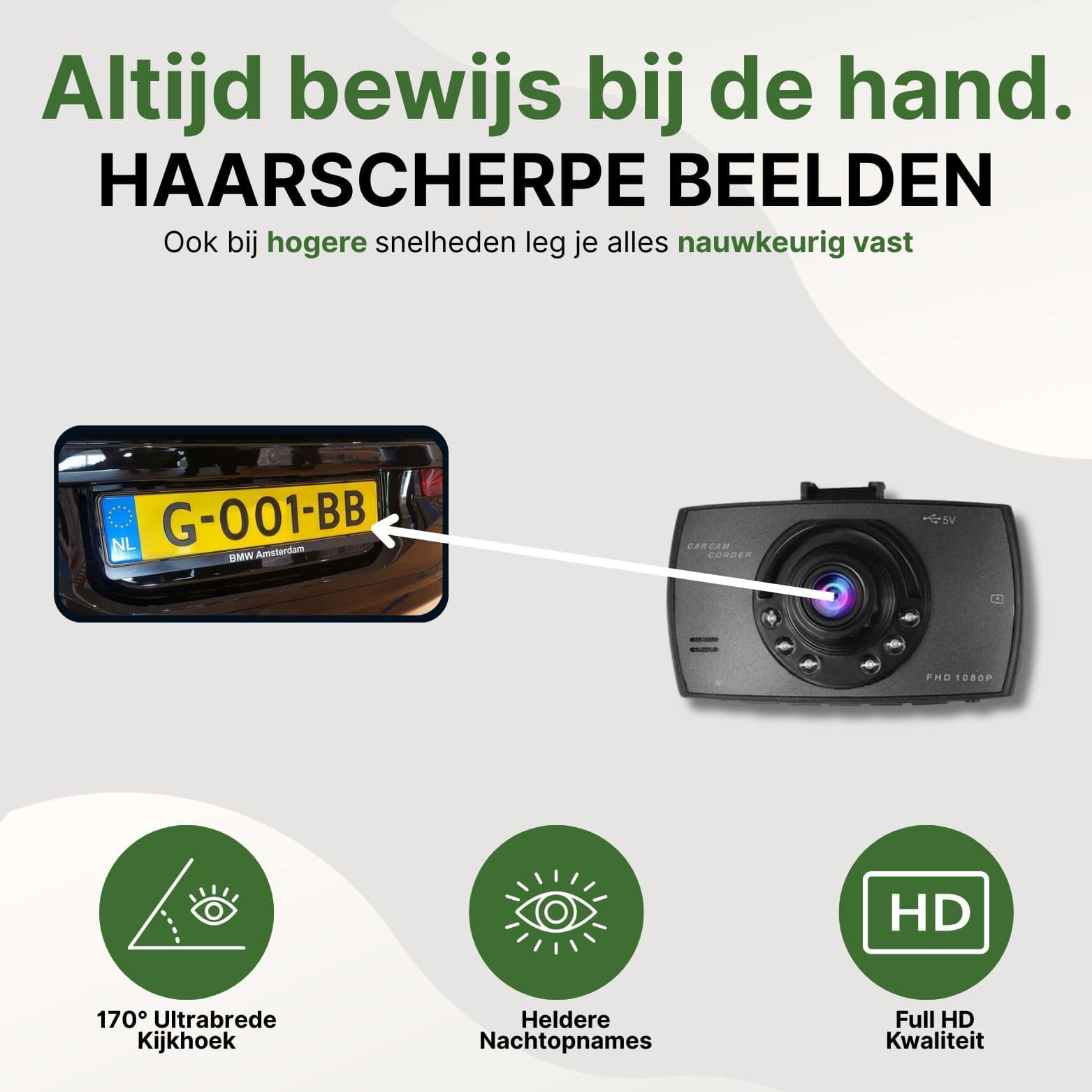ClearSight Pro dashcam met 1080P resolutie, ultrabrede 170° kijkhoek en helder nachtzicht – legt kentekens haarscherp vast, zelfs bij hogere snelheden.