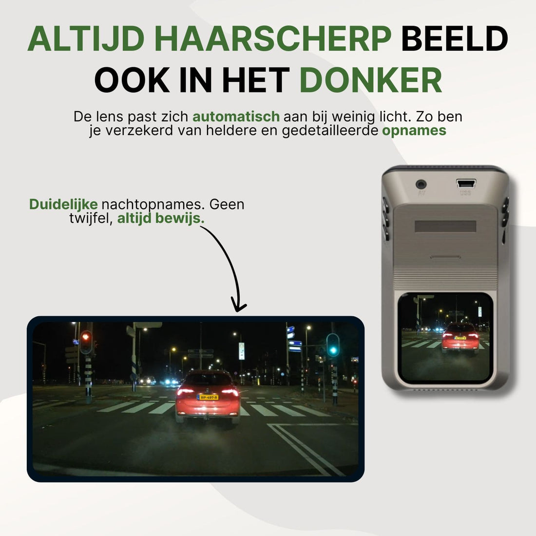 ClearView Ultra dashcam avec ajustement automatique de la lumière pour des images nocturnes nettes et claires, afin que vous ayez toujours des preuves en faible luminosité ou dans l'obscurité.