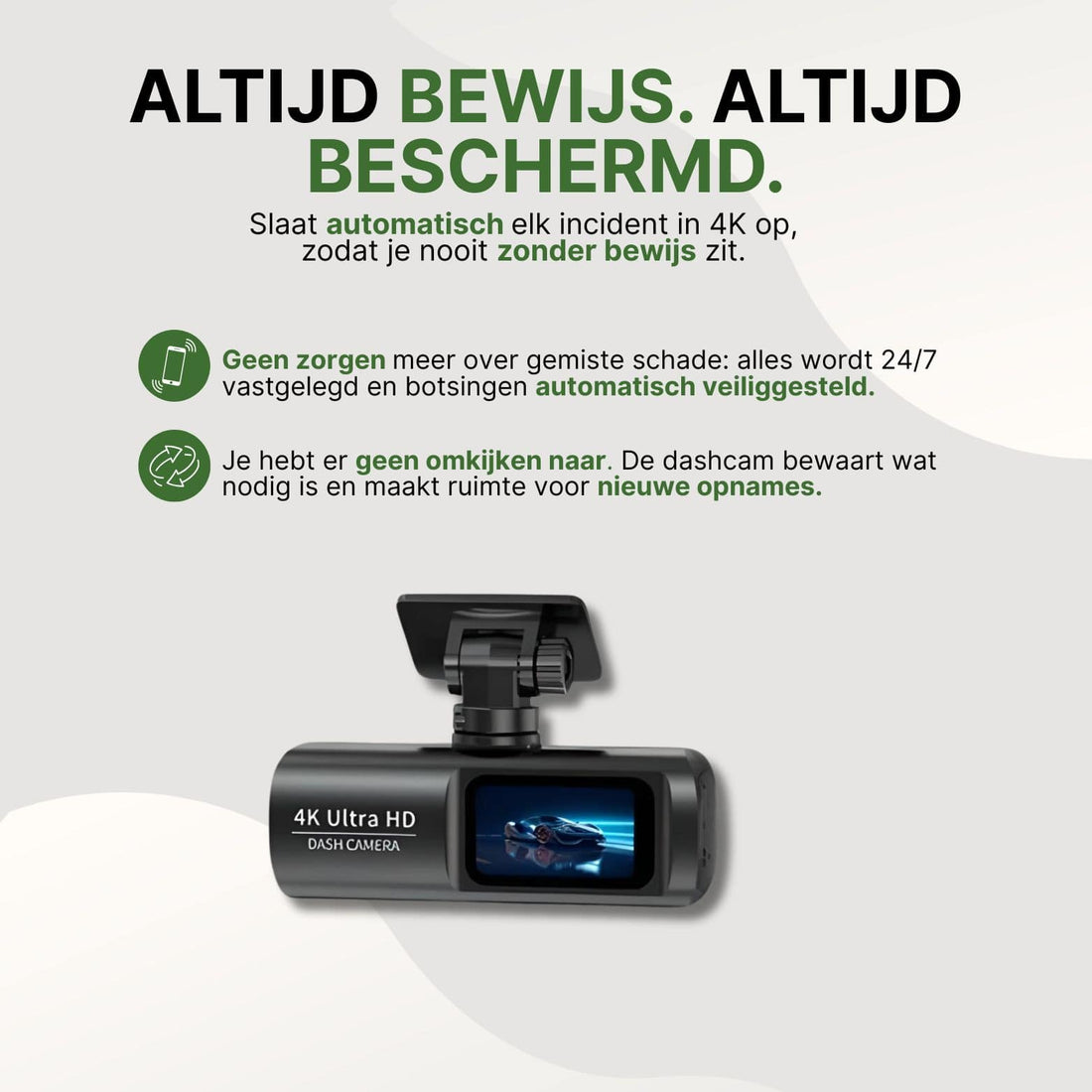 La dashcam GuardianView Pro enregistre automatiquement tous les incidents en 4K, avec un enregistrement 24/7 et un stockage sécurisé des images importantes sans action manuelle.
