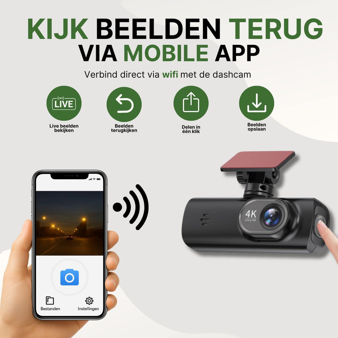 GuardianView Pro dashcam avec wifi et application mobile, qui vous permet de regarder des images en direct, de revenir facilement en arrière, de sauvegarder et de partager via votre smartphone.