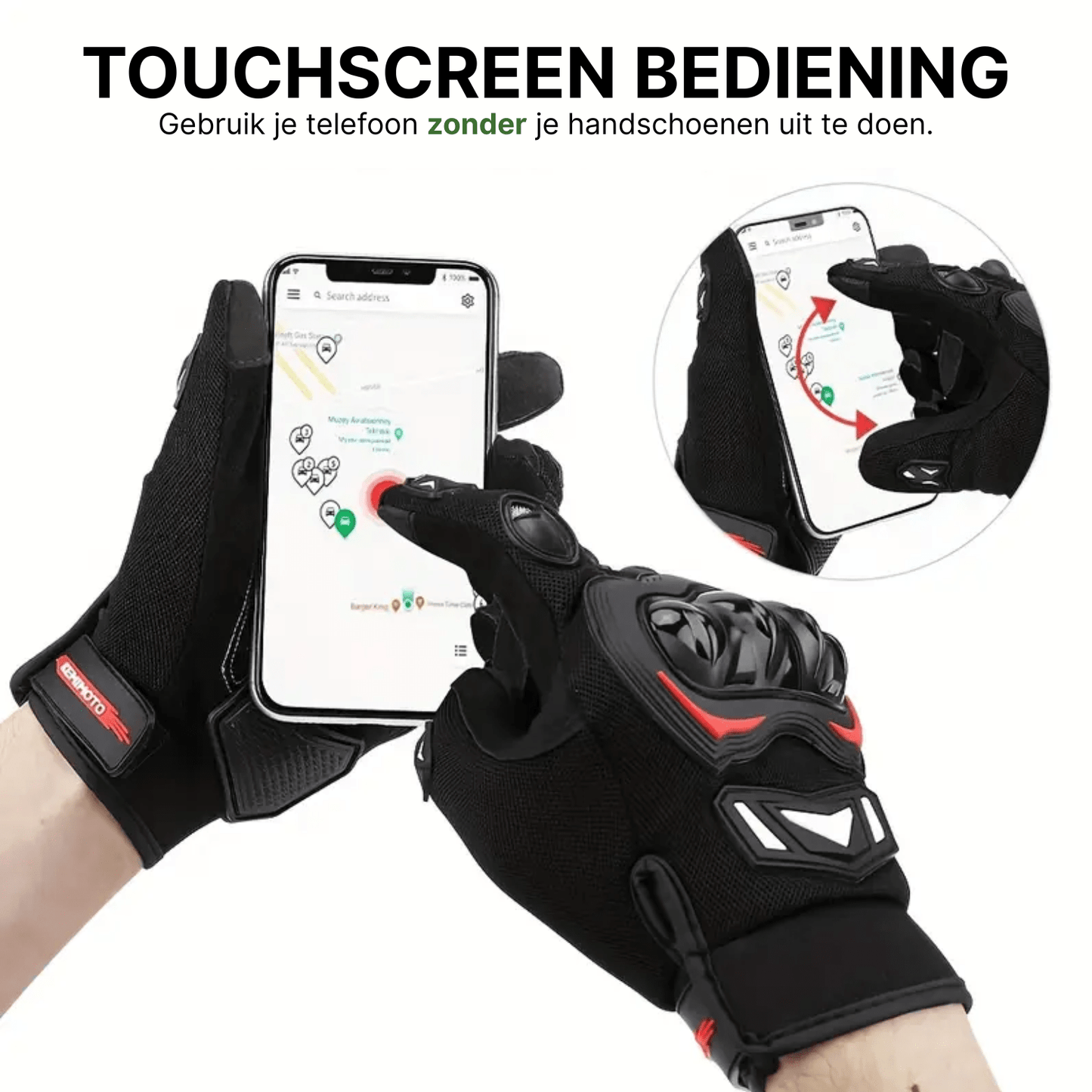 Zwarte MotoGrip motorhandschoenen met rode accenten die gebruikt worden voor bediening van een smartphone met touchscreen.