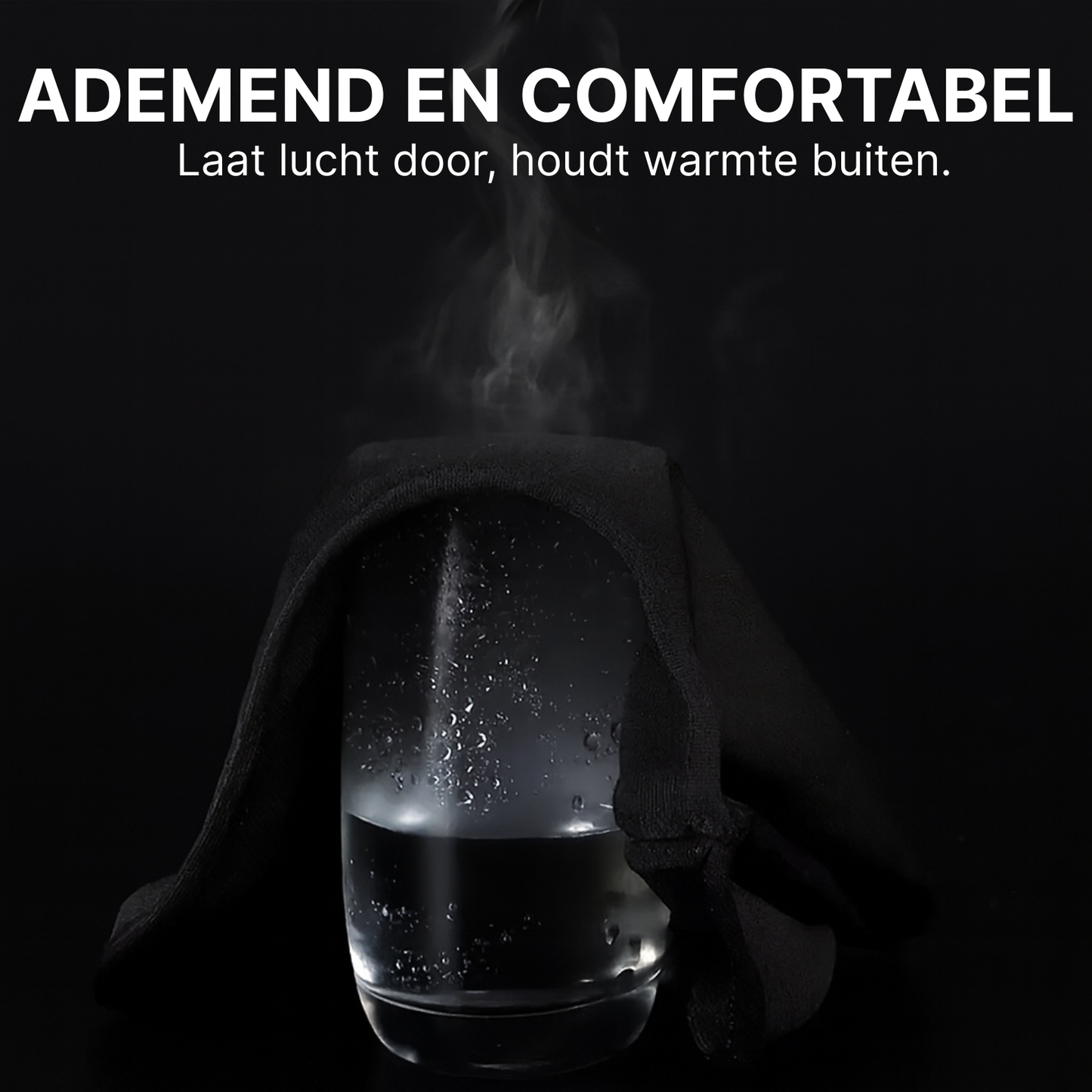 Stoomdemonstratie van ademende ThermoShield™ balaclava-stof die lucht doorlaat maar warmte vasthoudt.