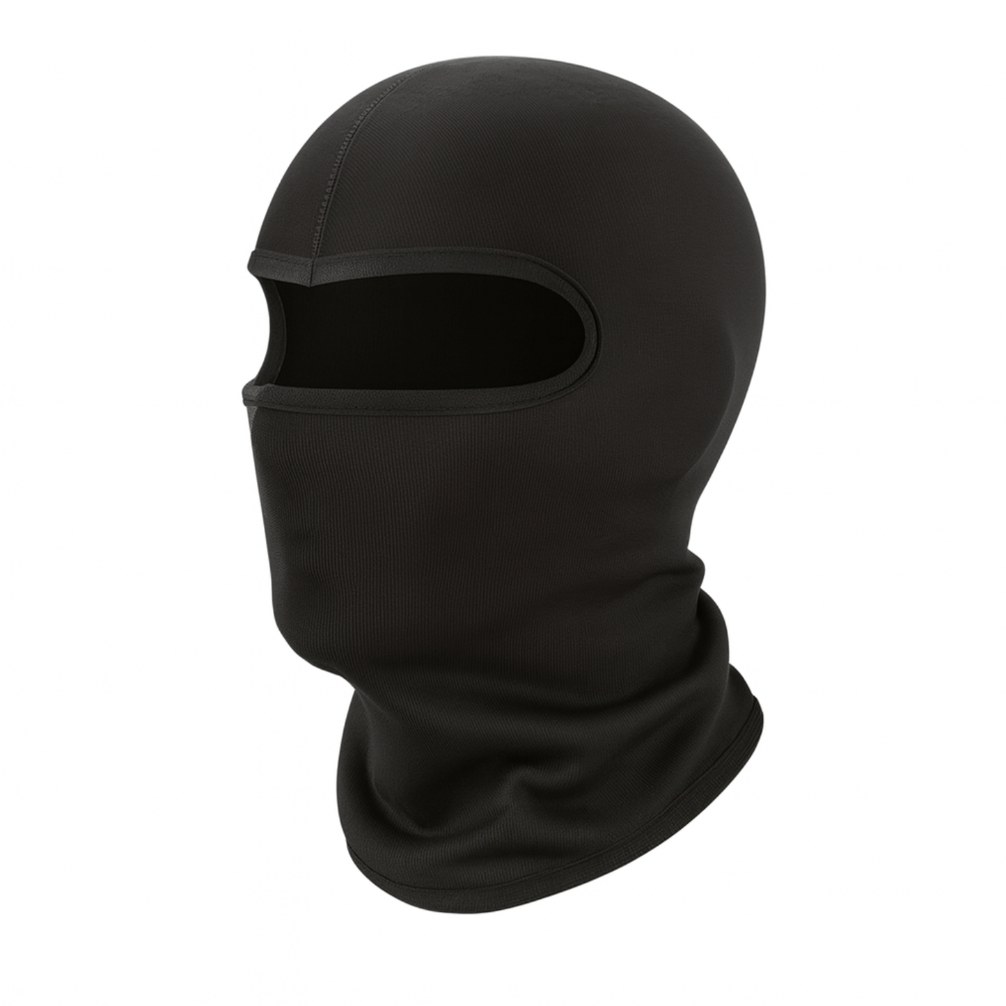 Zwarte ThermoShield balaclava met ademende stof en elastische pasvorm, gefotografeerd in vooraanzicht.