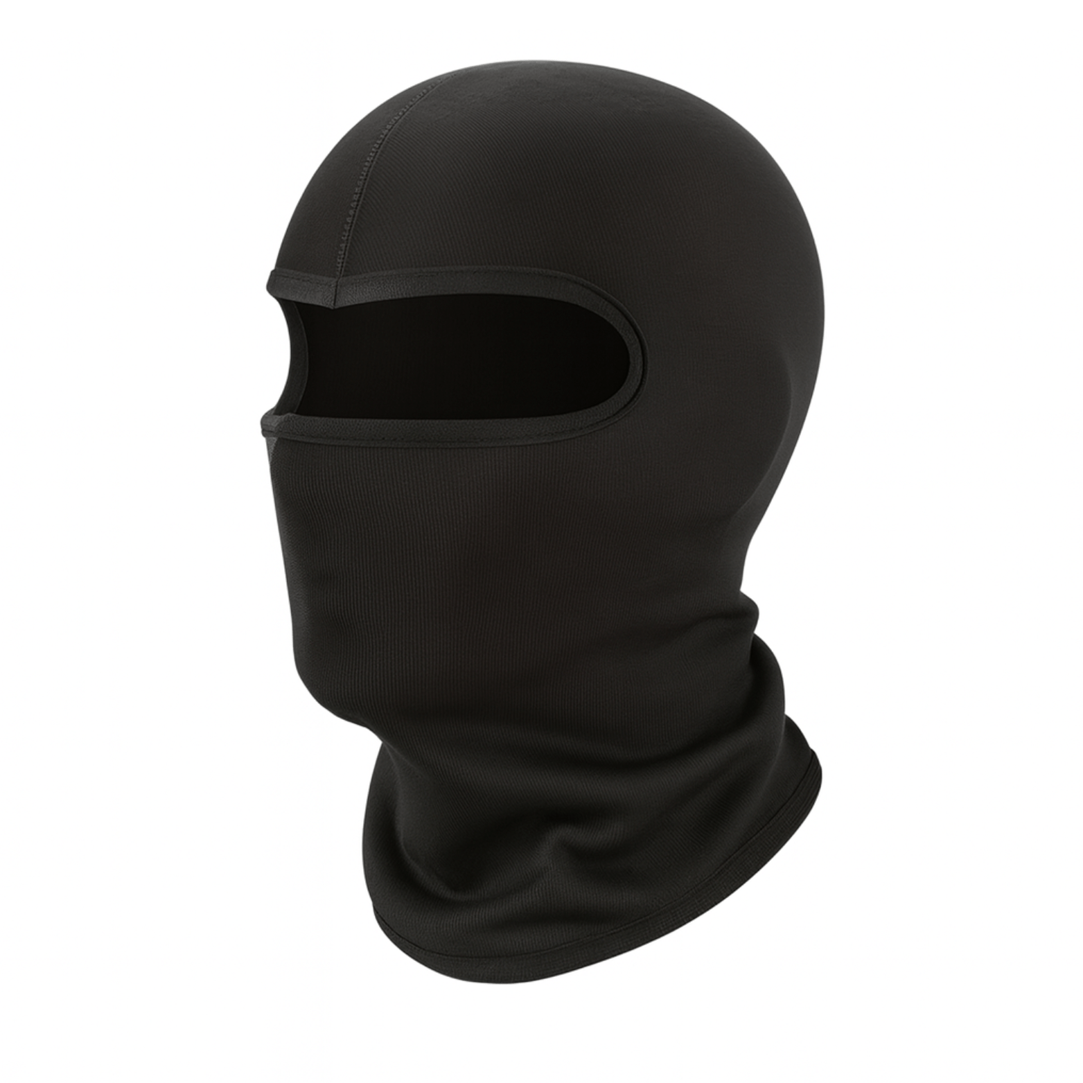 Zwarte ThermoShield balaclava met ademende stof en elastische pasvorm, gefotografeerd in vooraanzicht.
