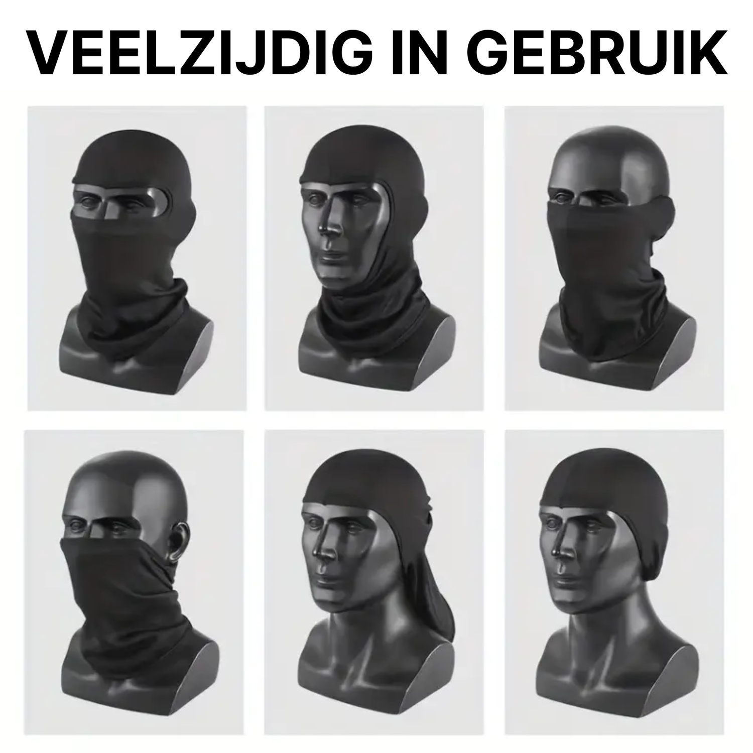 Zwarte ThermoShield™ balaclava getoond in zes draagstijlen op paspoppen, van volledig masker tot nekwarmer.