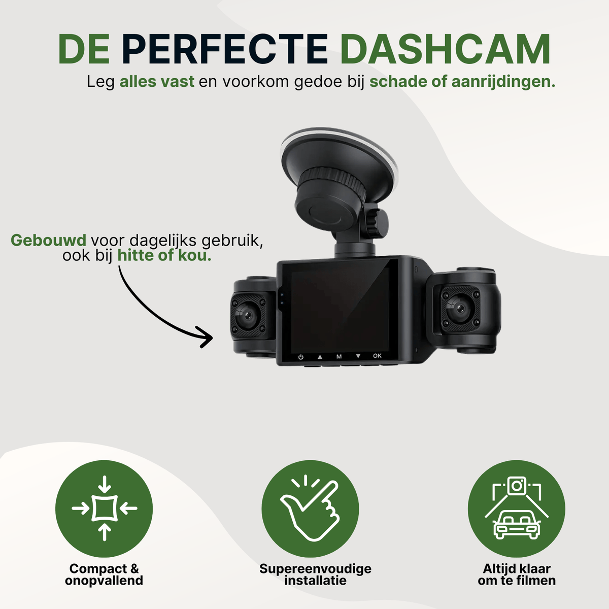 Dashcam Zwarte VisionEdge avec ventouse, design compact et adaptée à la chaleur et au froid.
