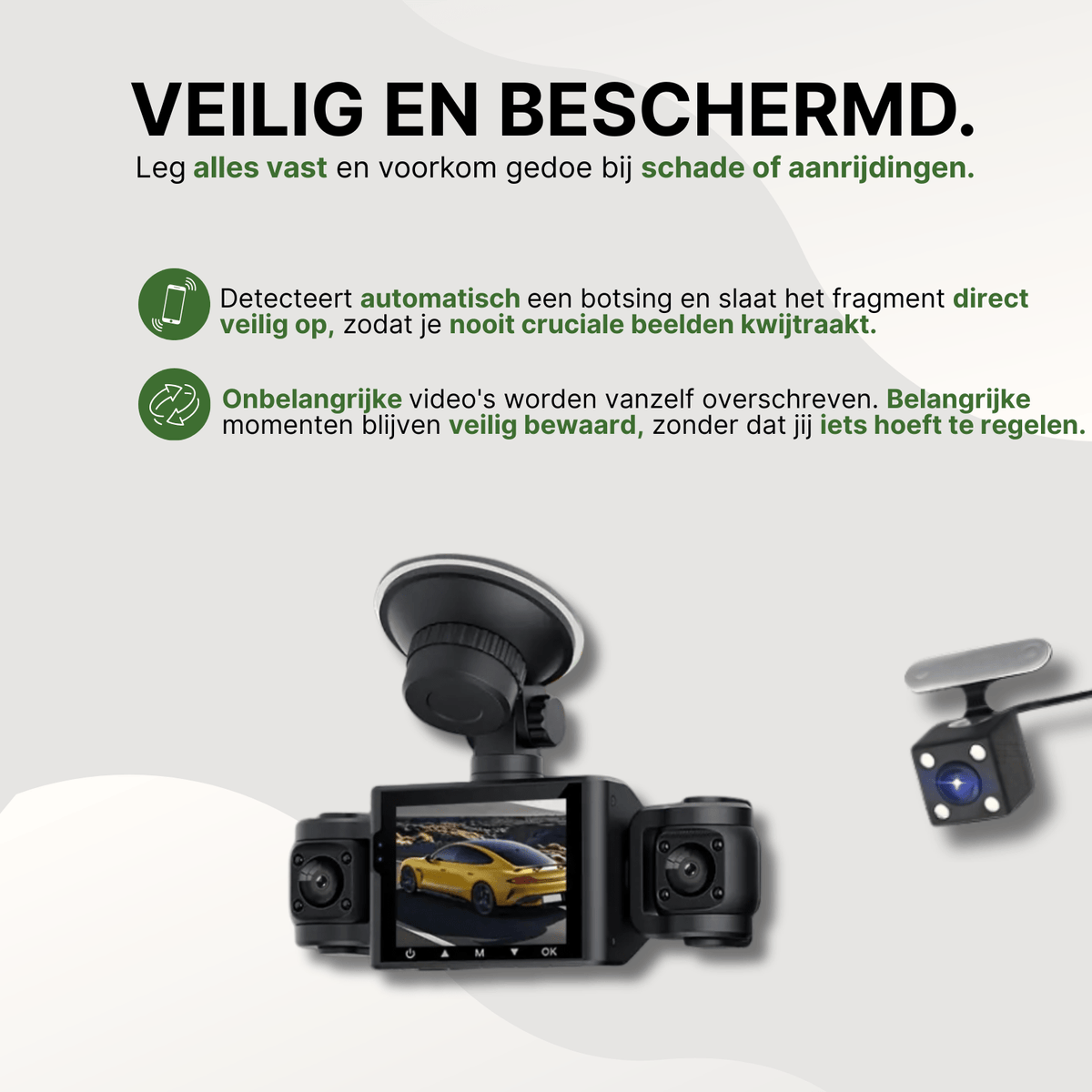 Dashcam Zwarte VisionEdge avec détection de collision et enregistrement automatique, affiche l'enregistrement d'une voiture de sport jaune.