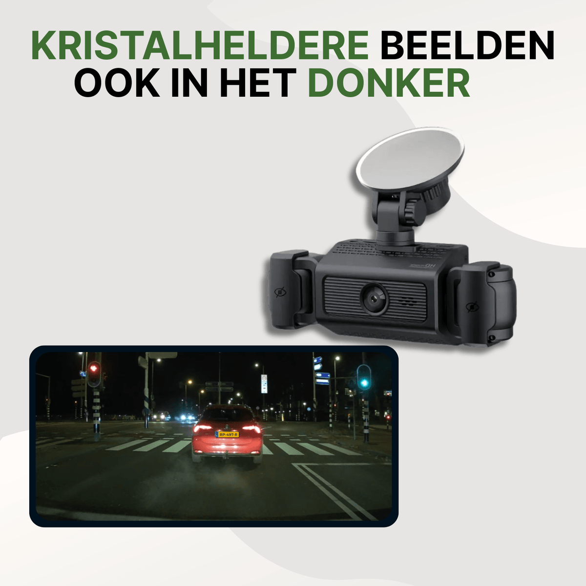 Dashcam Zwarte VisionEdge avec vision nocturne cristalline, montre l'enregistrement d'un véhicule rouge au feu rouge.
