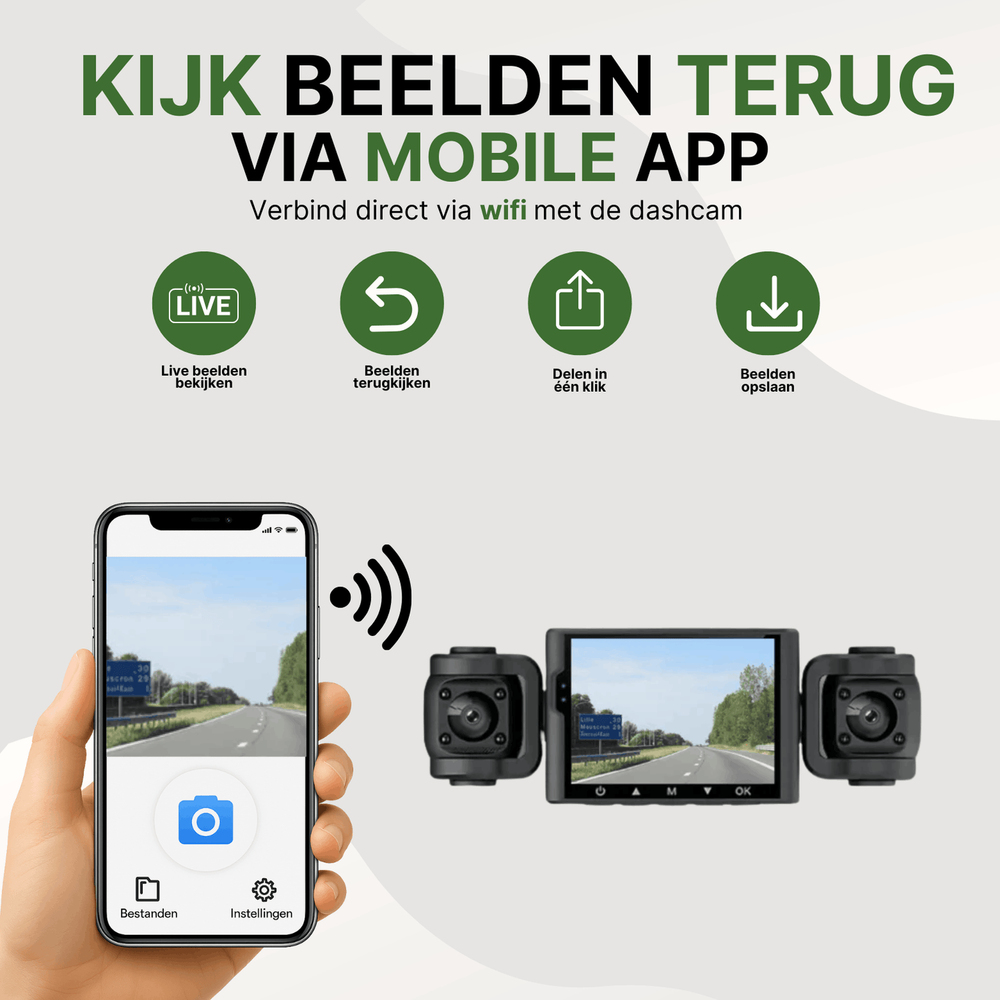 Zwarte VisionEdge Pro dashcam met wifi, verbonden met smartphone voor live videoweergave via app.